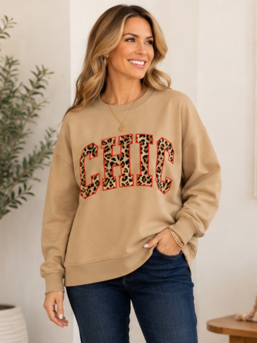 On 34th “CHIC” Leopard Appliqué Sweatshirt Tan – Size XXL – NWOT